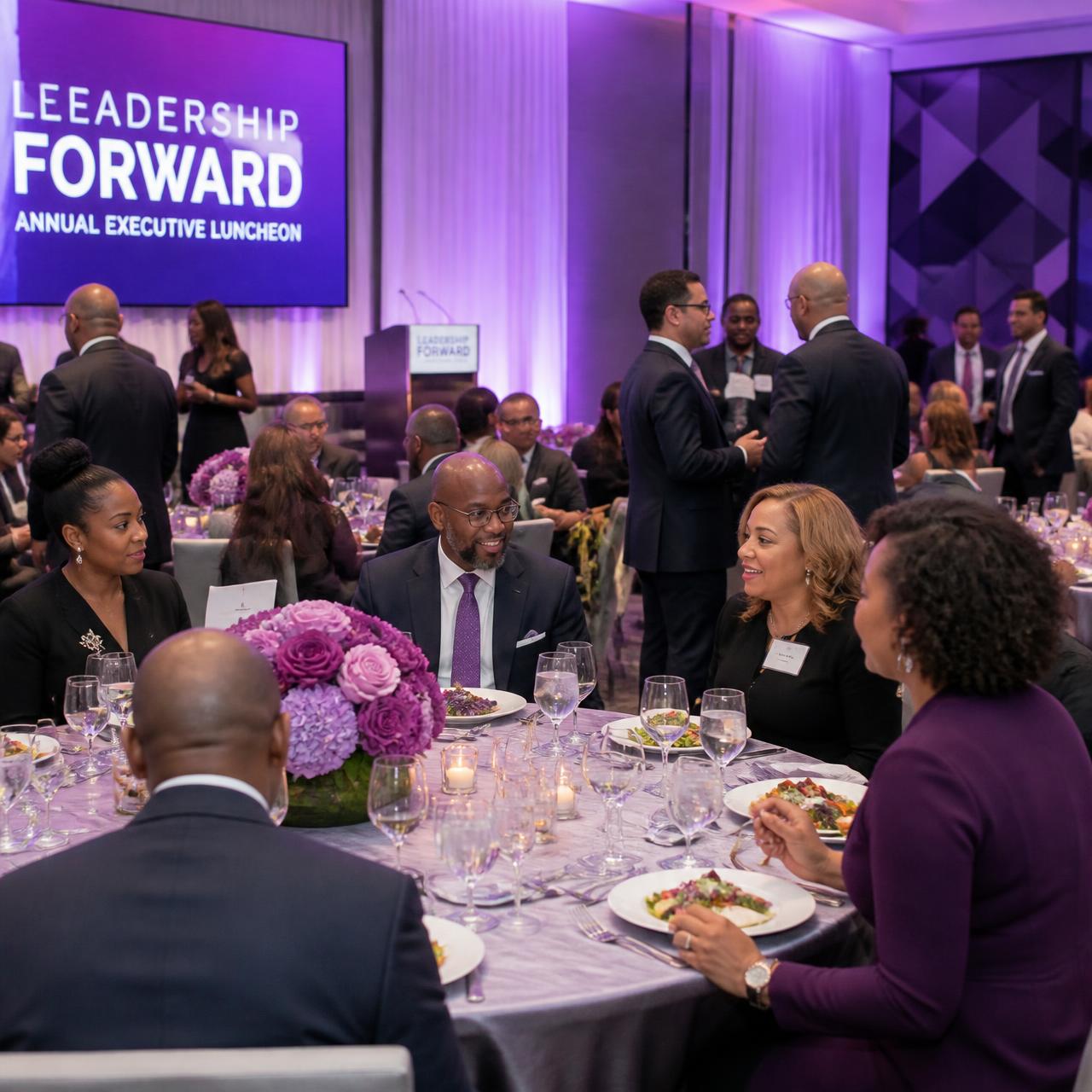 Diverse guests including Black executives at an upscale plated corporate luncheon