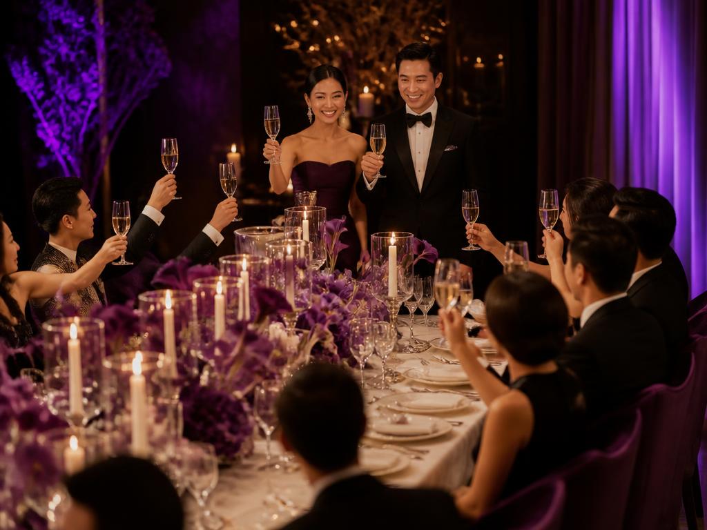 Elegant Asian couple and guests raising glasses at a candlelit private dinner celebration